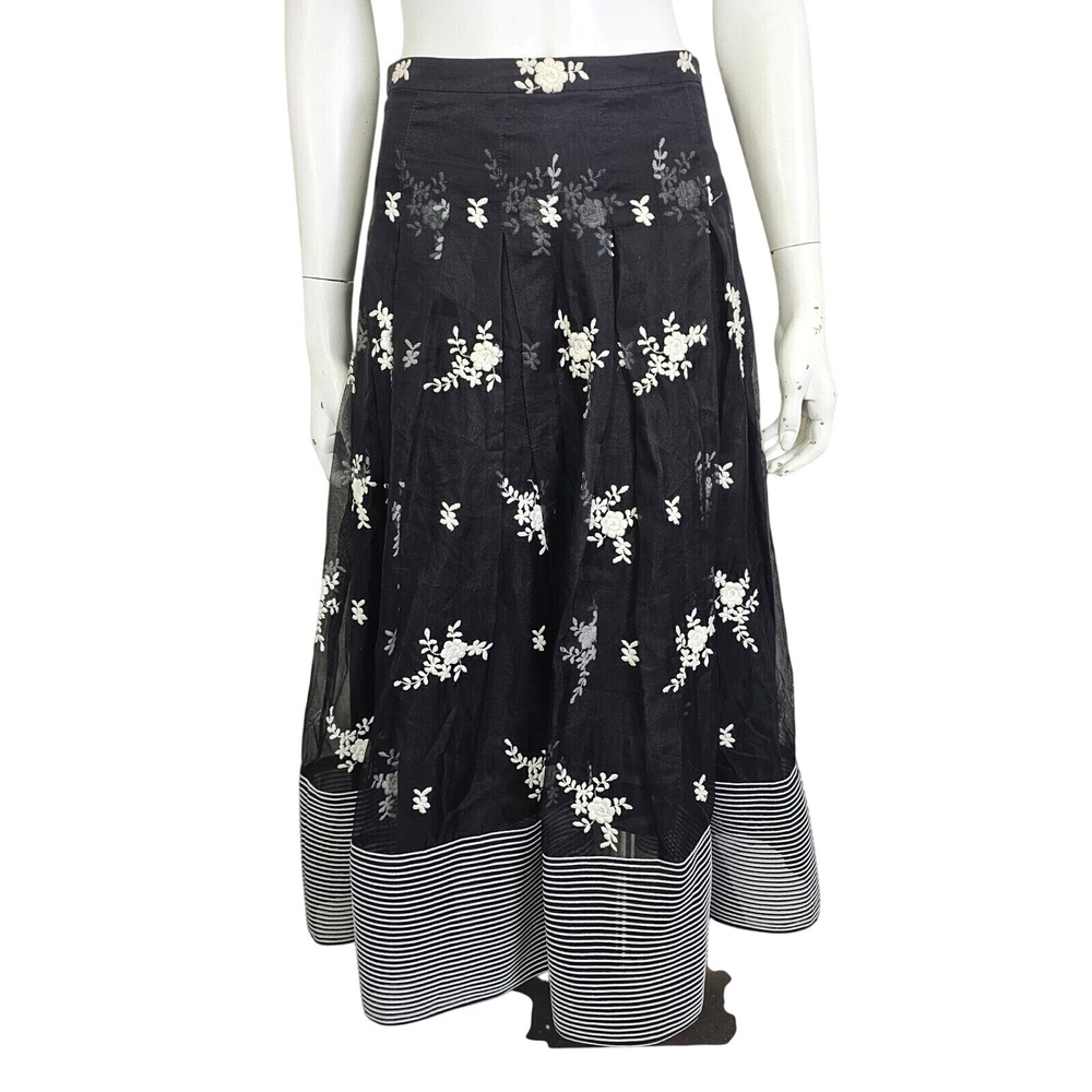 Noir Sachin Babi Silk Embroidered Floral Midi Skirt‎ Black White Sz 4 Romantic